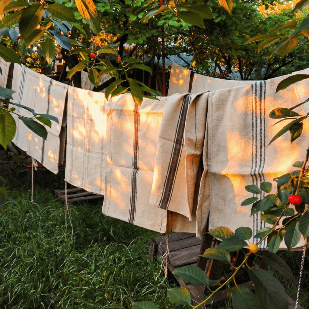 Antique grain sacks hanging on a garden clothesline to air dry naturally in the sunlight to prevent shrinking.