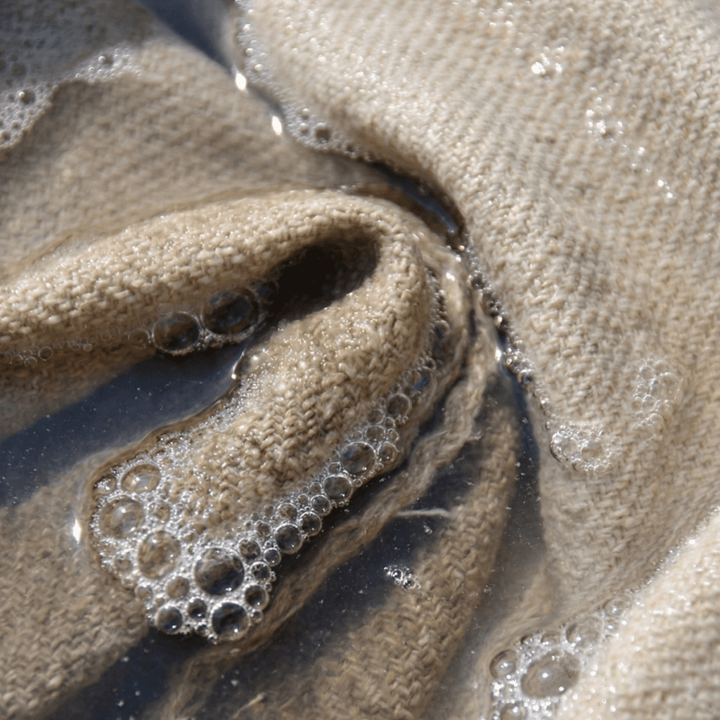 Close-up of authentic handwoven hemp fabric soaking in water with mild detergent bubbles for gentle cleaning.