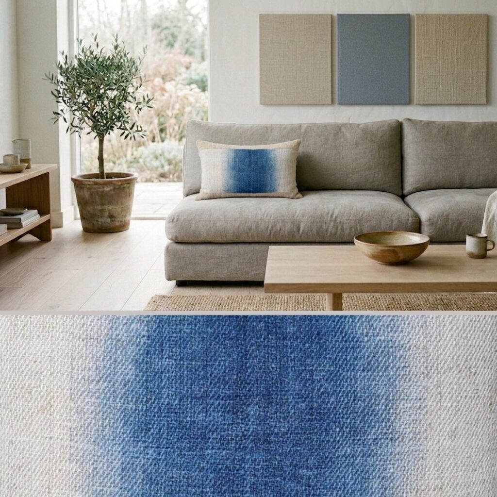 Antique grain sack cushion cover in indigo dip-dye ombre on grey linen sofa in Japandi living room with olive tree, pale oak floor and textile wall panels