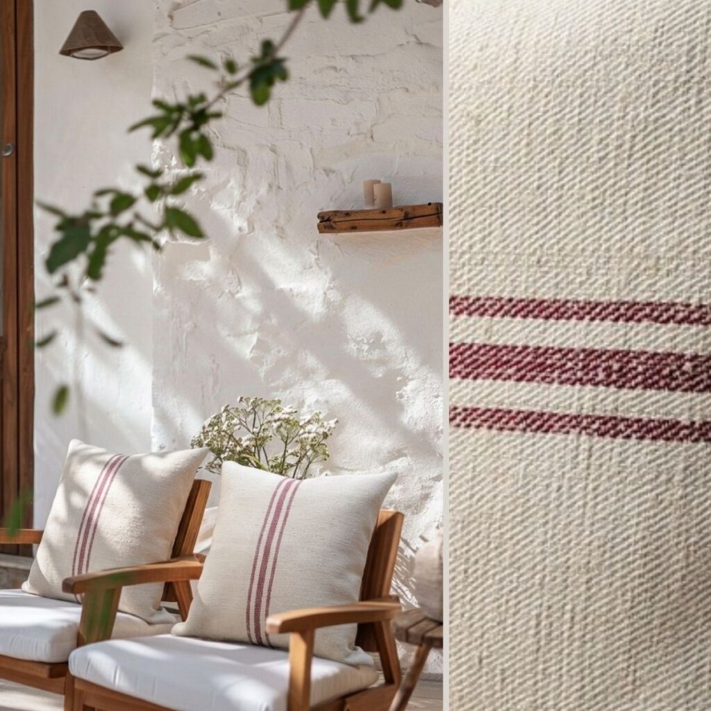 Antique grain sack cushion covers with plum stripe on teak chairs on Mediterranean terrace with white lime-washed stone walls and dappled sunlight