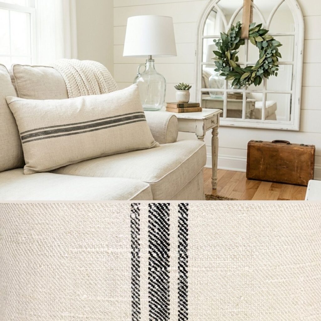 Antique grain sack lumbar cushion cover with black stripe on cream linen sofa in modern farmhouse 