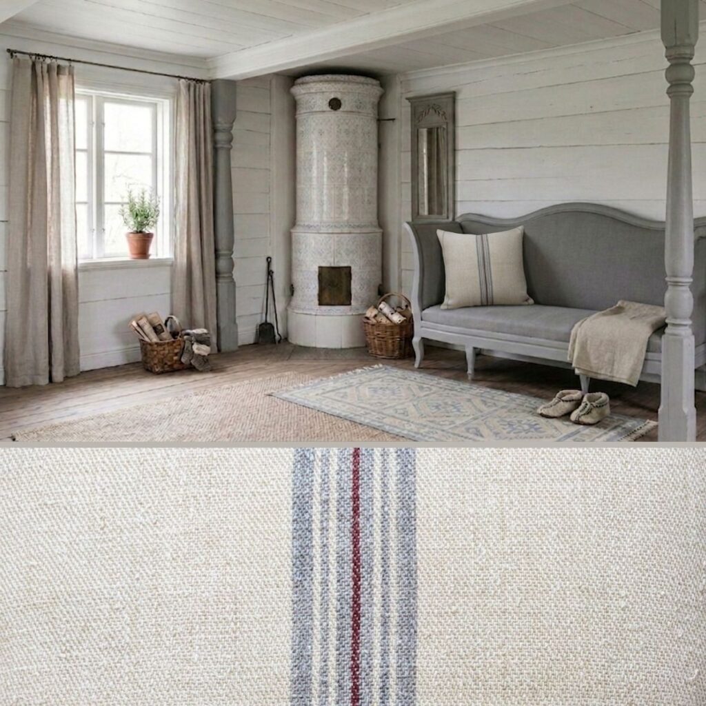 Antique grain sack cushion cover with blue and red stripes on grey Gustavian bench in Swedish farmhouse interior with ceramic tile stove and white panelled walls