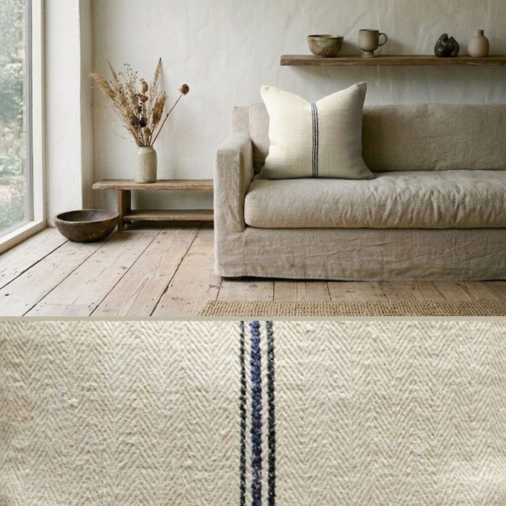 Antique grain sack cushion cover with navy stripe on natural linen sofa in wabi-sabi interior with wide plank floor, dried botanicals and handmade ceramic vessels