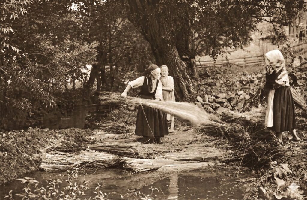 A sepia-toned historical photograph depicting three peasant women dressed in traditional clothing with headscarves, working beside a rural stream. The woman in the center is actively pushing a large bundle of hemp or flax stalks into the water to soak them for the retting process. Another woman and a younger girl watch from the bank, where additional bundles are stacked. The background features dense trees, a large tree trunk, and a rustic wooden fence.