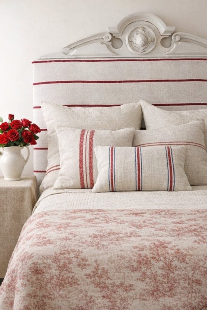 French country bedroom styling with vintage grain sack Euro pillows and ruffled linen bedding