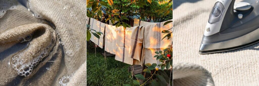 Proper care and washing technique for vintage grain sack pillow covers showing gentle hand washing