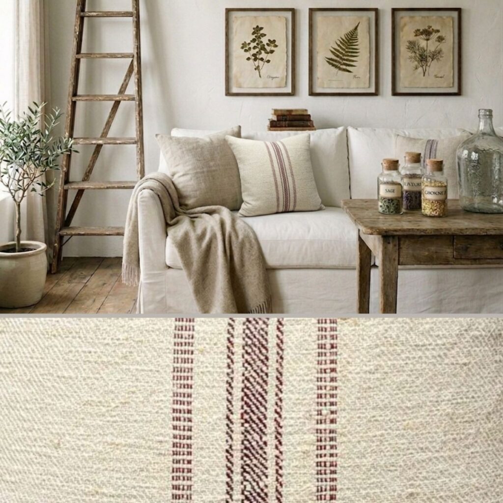 Antique grain sack cushion covers with burgundy stripes on white linen sofa in French country living room with botanical prints and rustic wooden ladder