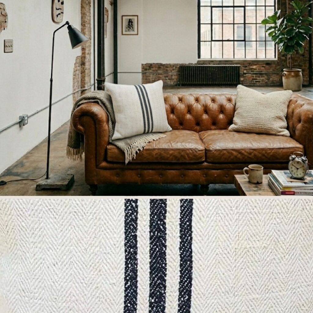 Antique grain sack cushion cover with black stripes on vintage Chesterfield leather sofa in industrial loft interior with exposed brick walls and steel windows