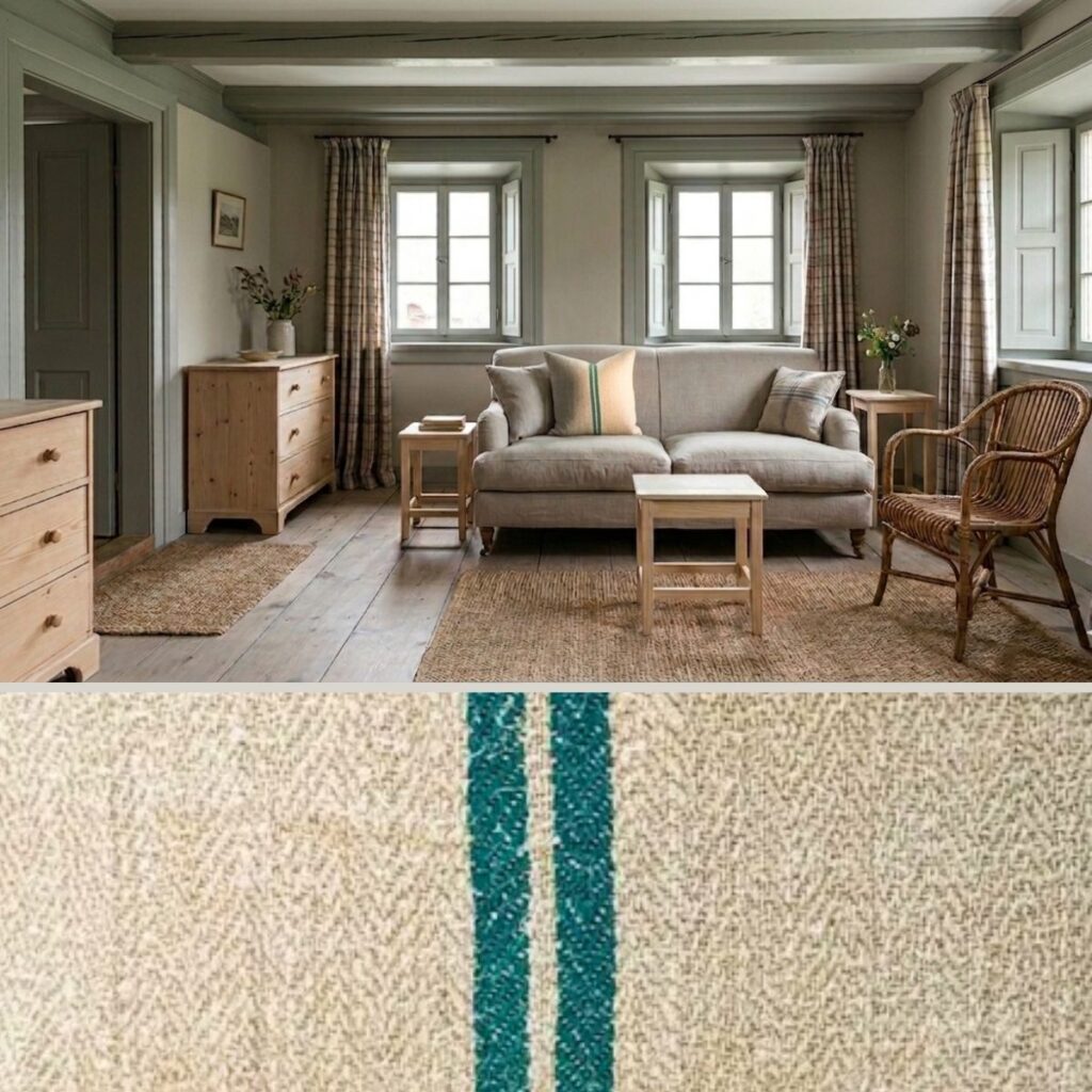 Antique grain sack cushion covers with greenstripes on linen sofa in european rustic farmhouse sitting room with sage painted beams and pine furniture