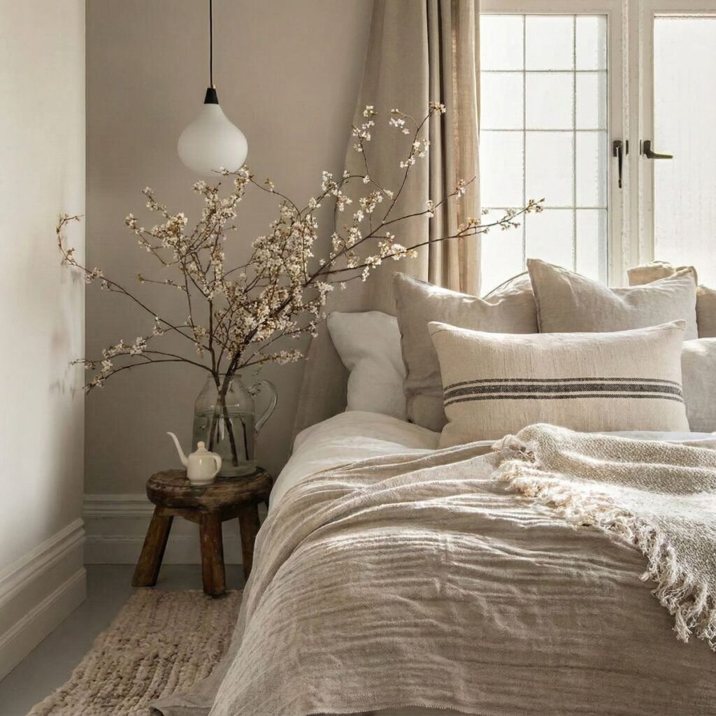 Antique grain sack lumbar cushion on linen bed, oatmeal antique handspun hemp, black stripe group, cherry blossom branches, soft natural light, bedroom interior styling