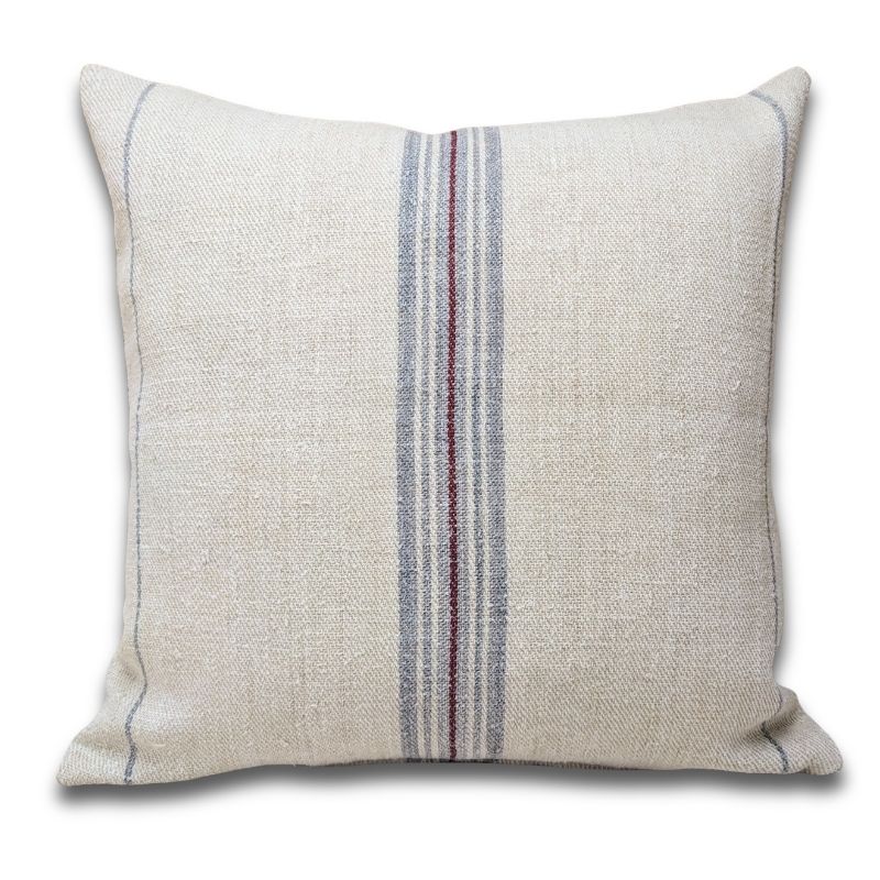 Square grain sack cushion, Heritage Collection, oatmeal antique handspun hemp, 4-shaft twill weave, centered stripe group — blue and burgundy lines on wide oatmeal ground, Transylvania