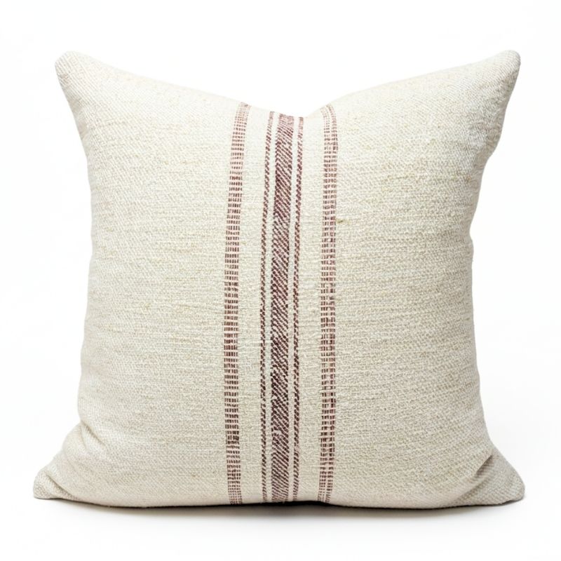 Square grain sack cushion, Heritage Collection, oatmeal antique handspun hemp, 4-shaft twill weave, centered stripe group — three narrow burgundy lines on wide oatmeal ground, Transylvania