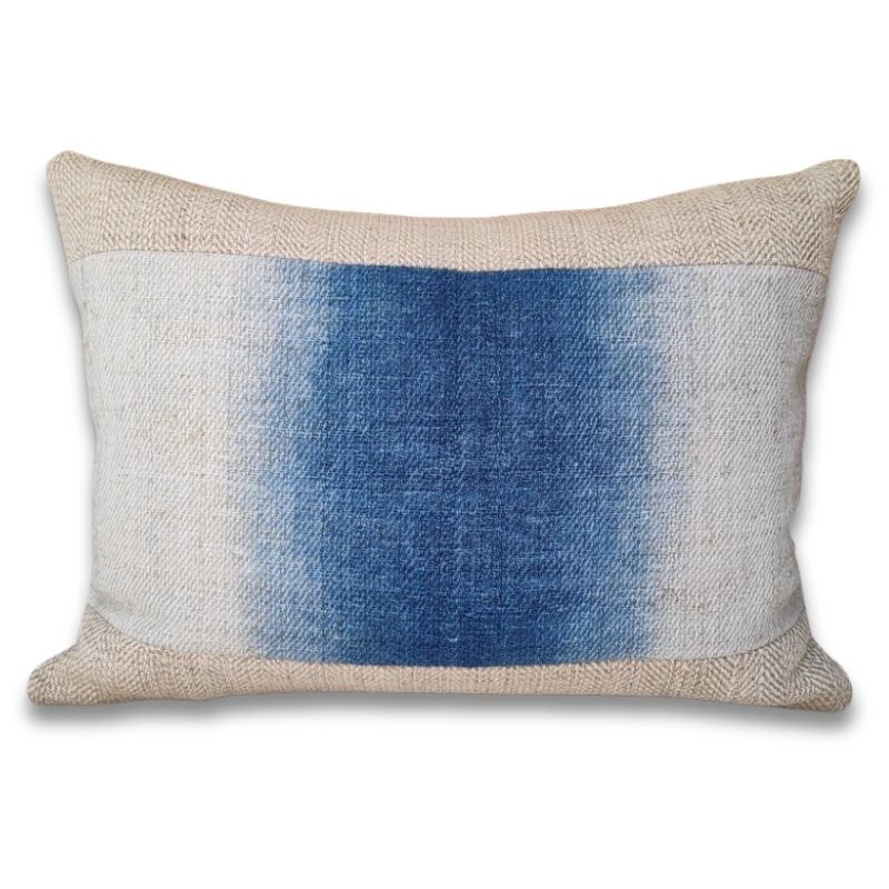 Lumbar cushion, The Dyed Collection, oatmeal antique handspun hemp, 4-shaft twill weave, indigo dip-dye ombre — deep blue center fading to pale at edges — partial immersion gradient, Transylvania