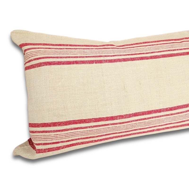 Lumbar cushion, Szekely Collection, oatmeal antique handspun hemp, 4-shaft twill weave, multiple coral red stripe groups across full width, Transylvania