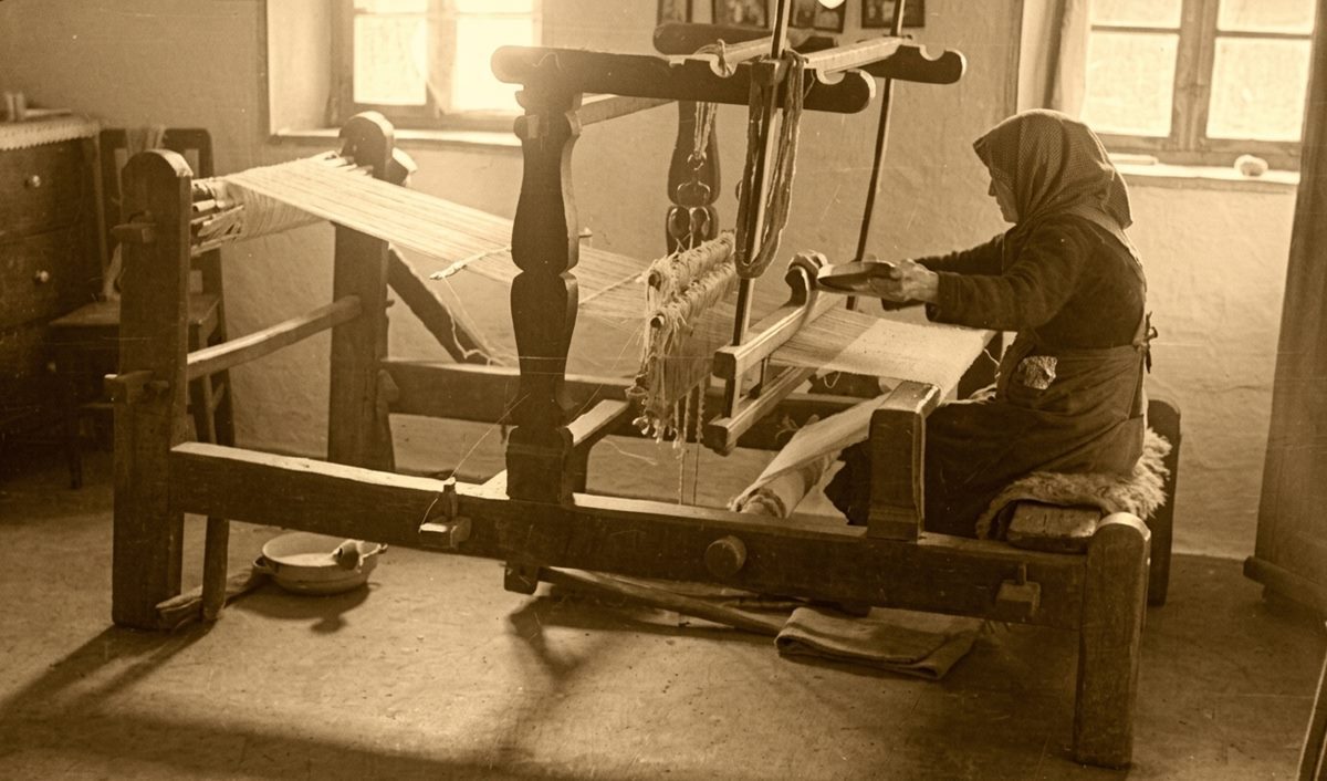Historical sepia photograph of a Transylvanian woman weaving on a traditional wooden loom in a village home.