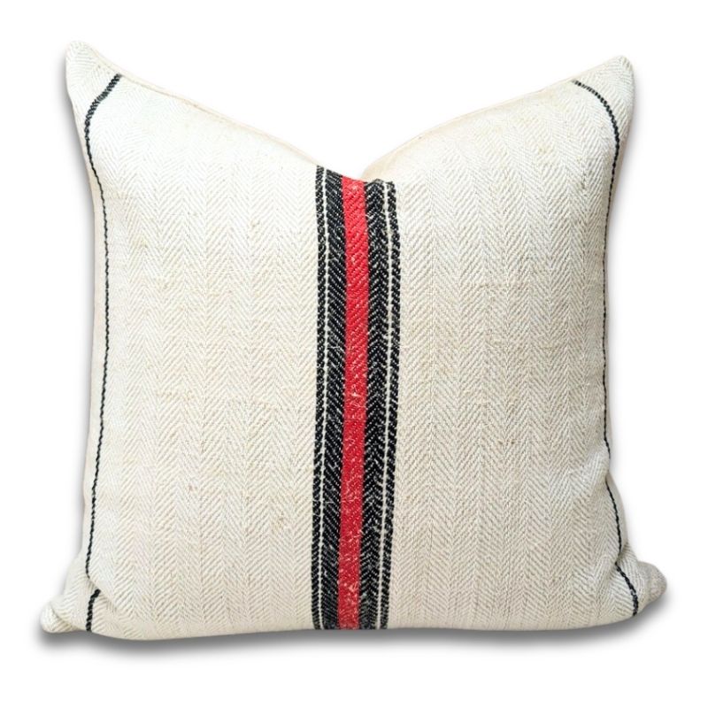 Square grain sack cushion, Valley Collection, oatmeal antique handspun hemp, 4-shaft twill weave, grain sack stripe — black flanking one narrow red center line, Transylvania