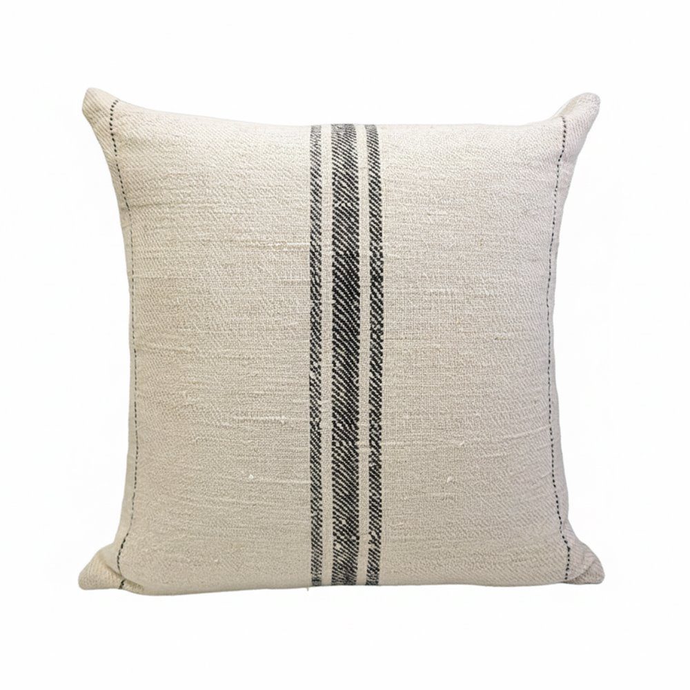 Square grain sack cushion, Valley Collection, oatmeal antique handspun hemp, 4-shaft twill weave, centered grain sack stripe — two narrow charcoal black lines on wide oatmeal ground, Transylvania