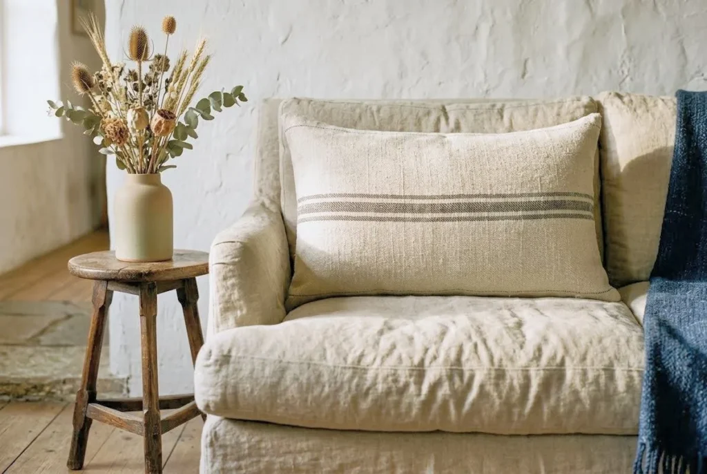 Antique Transylvanian hemp grain sack pillows cover on a linen sofa in a rustic European interior, warm natural light