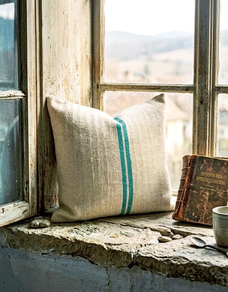 Antique Transylvanian grain sack pillow cover on a worn wooden windowsill, soft natural light, lived-in rustic European atmosphere