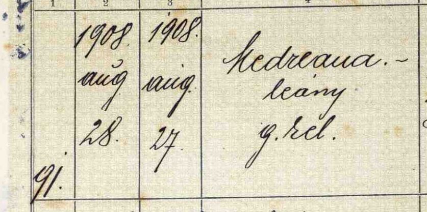 Parish register entry from August 1908, Criș Valley, Transylvania, showing the handwritten name Medreana in a ruled archive ledger